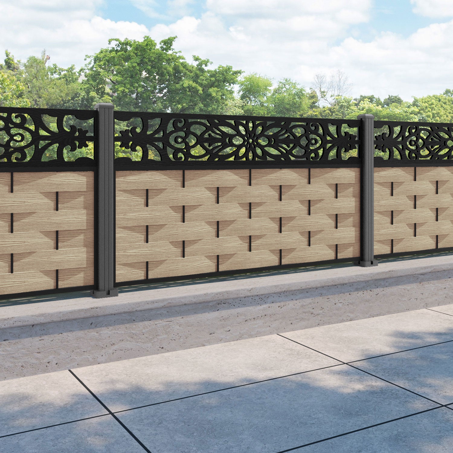 Ripple Windsor Fence Panel - Light Oak - with our aluminium posts