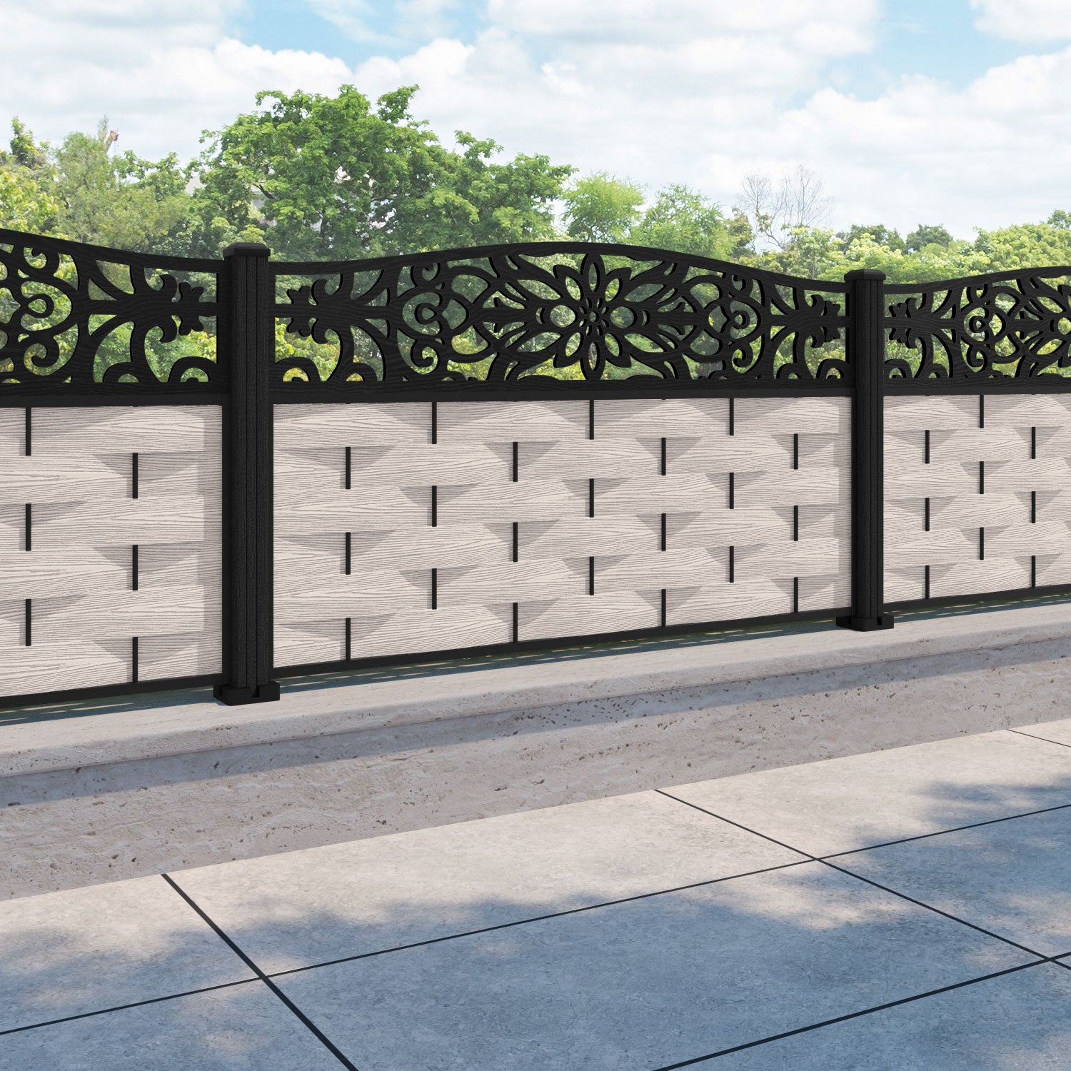 Ripple Windsor Curved Top Fence Panel - Mid Stone - with our composite posts