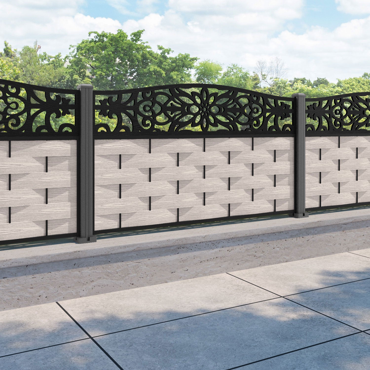 Ripple Windsor Curved Top Fence Panel - Mid Stone - with our aluminium posts