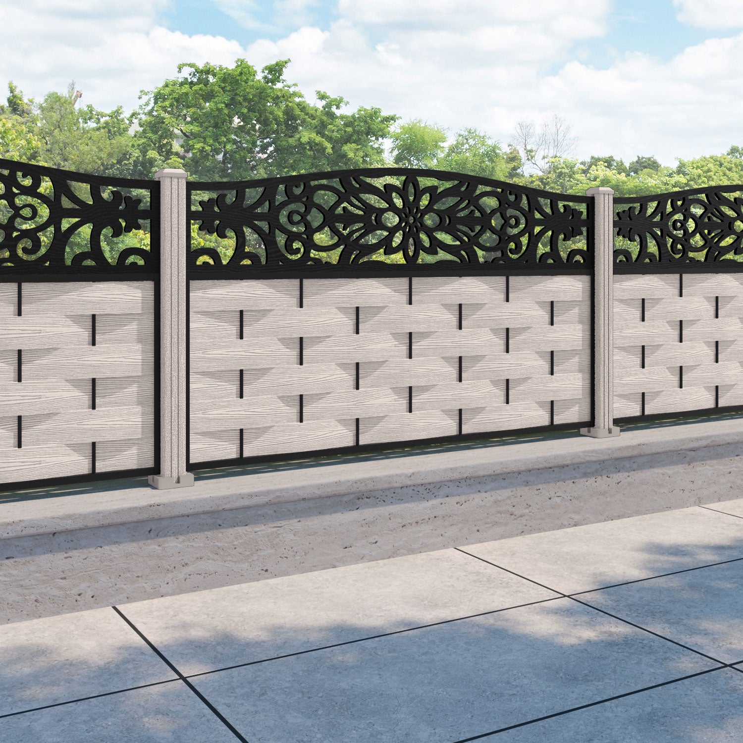 Ripple Windsor Curved Top Fence Panel - Mid Stone - with our composite posts