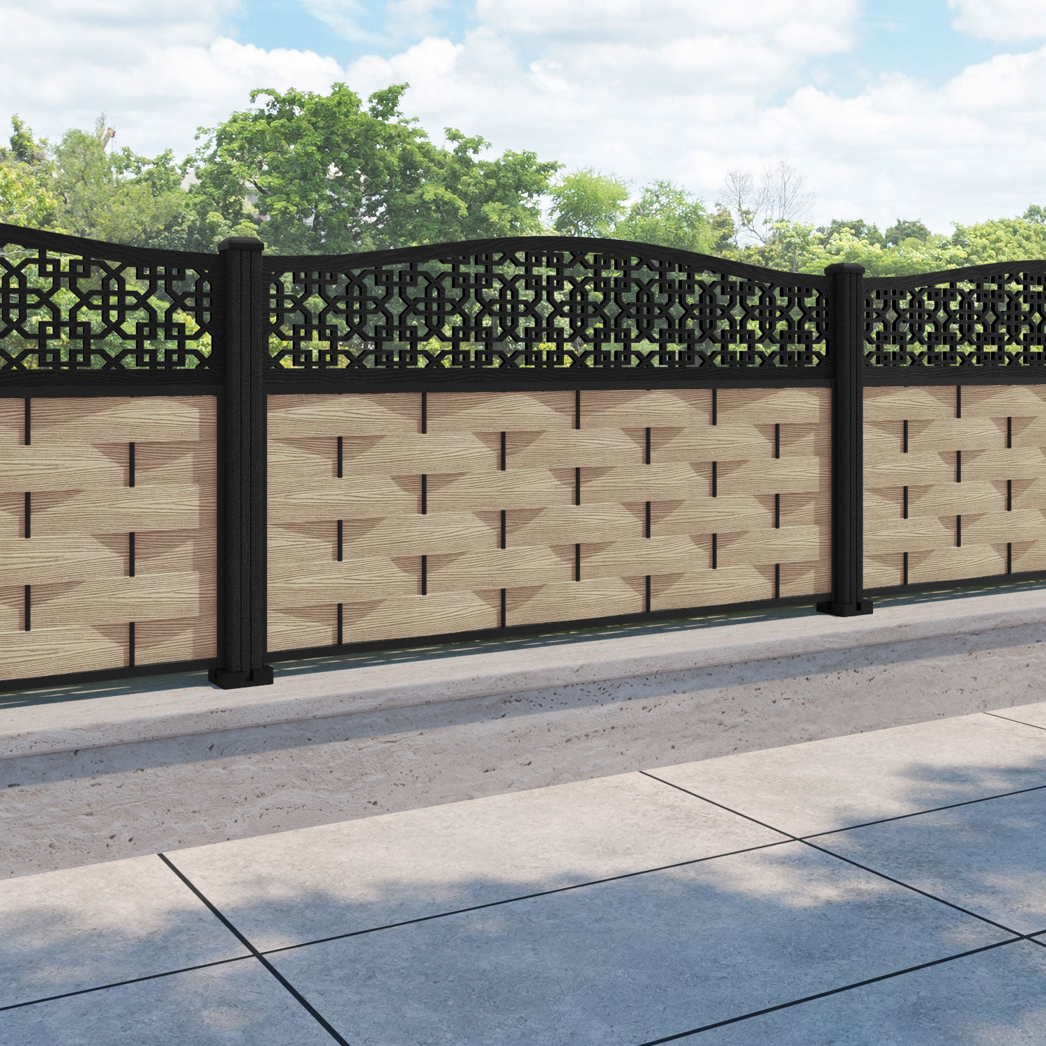 Ripple Zaria Curved Top Fence Panel - Light Oak - with our composite posts