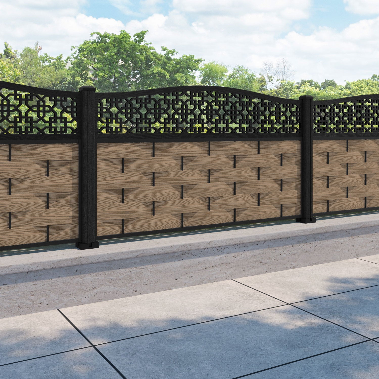 Ripple Zaria Curved Top Fence Panel - Teak - with our composite posts