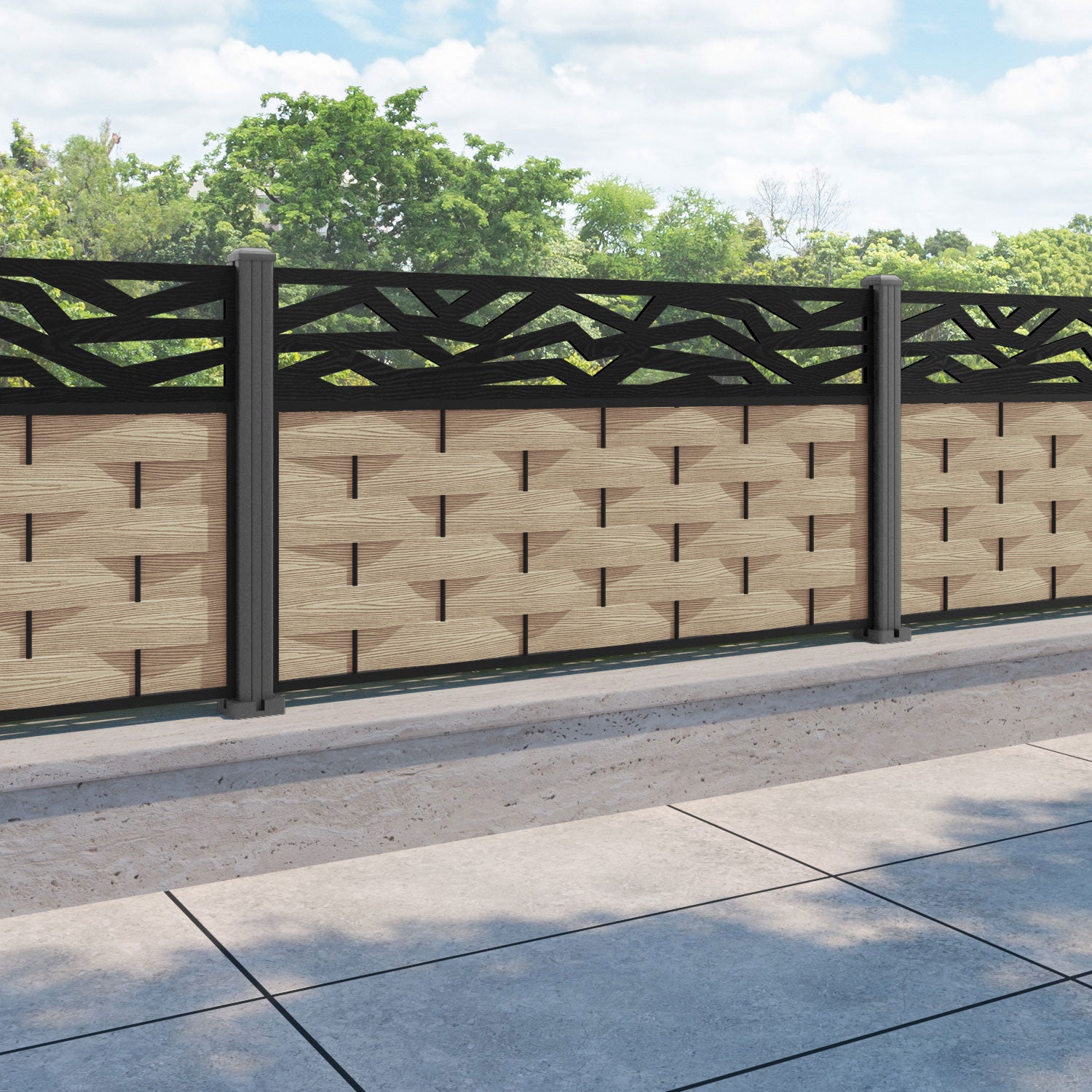 Ripple Zenith Fence Panel - Light Oak - with our aluminium posts