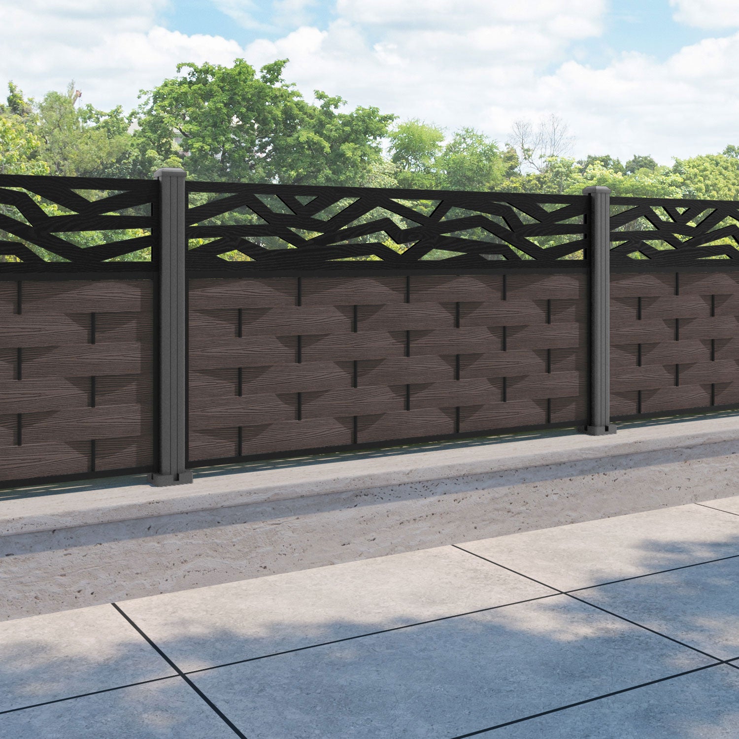 Ripple Zenith Fence Panel - Mid Brown - with our aluminium posts