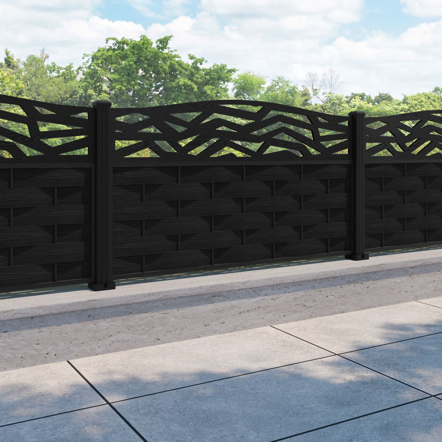 Ripple Zenith Curved Top Fence Panel - Black - with our aluminium posts
