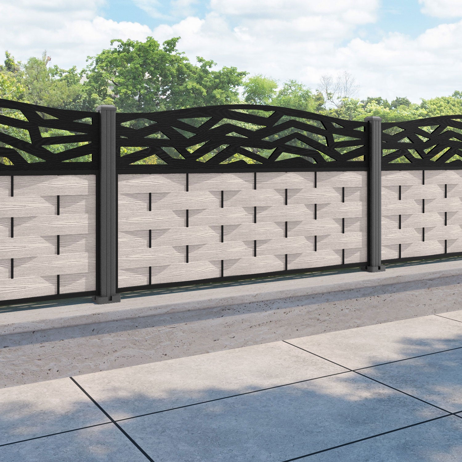 Ripple Zenith Curved Top Fence Panel - Mid Stone - with our aluminium posts