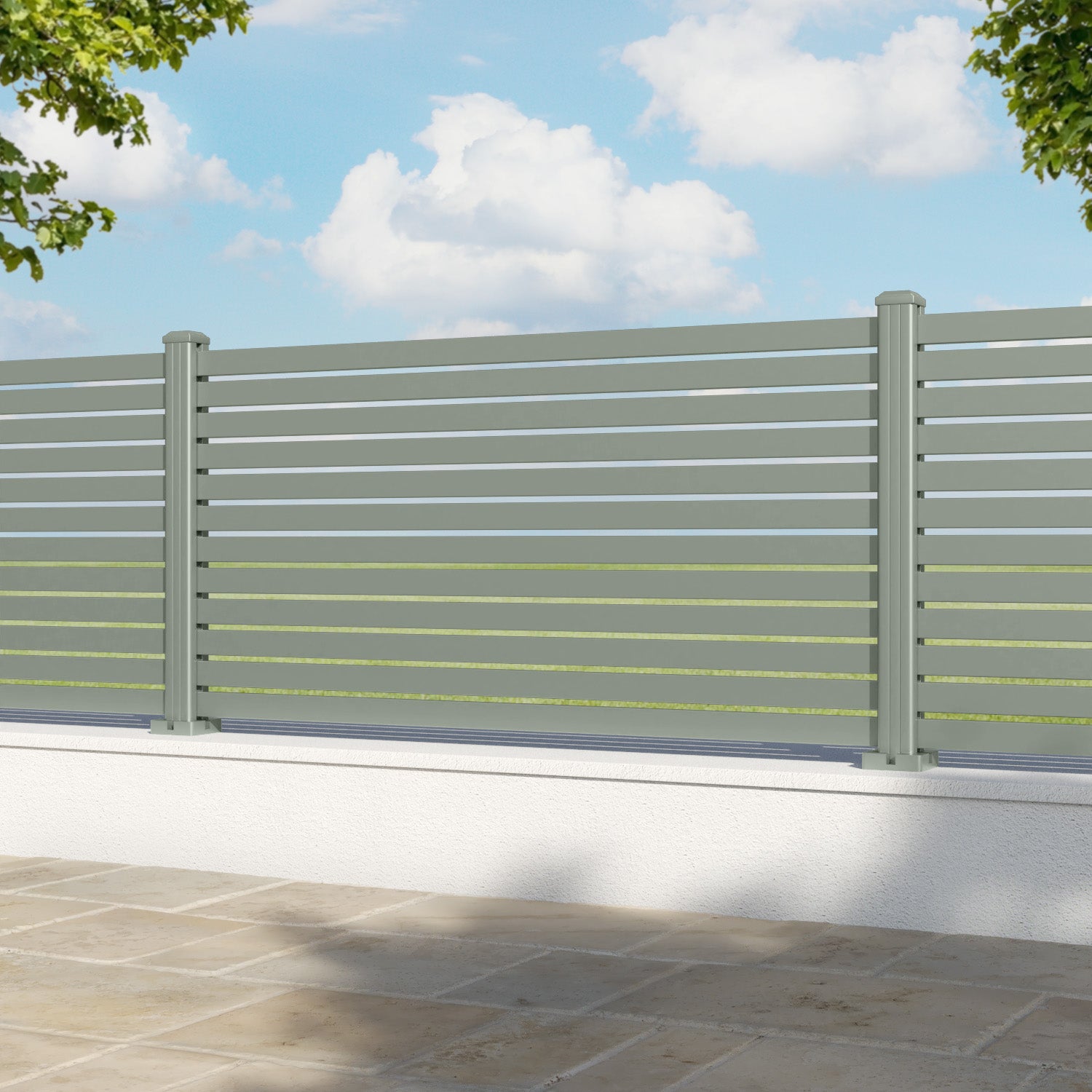 Aria Aluminium Fence Panel - Sage - with our aluminium posts