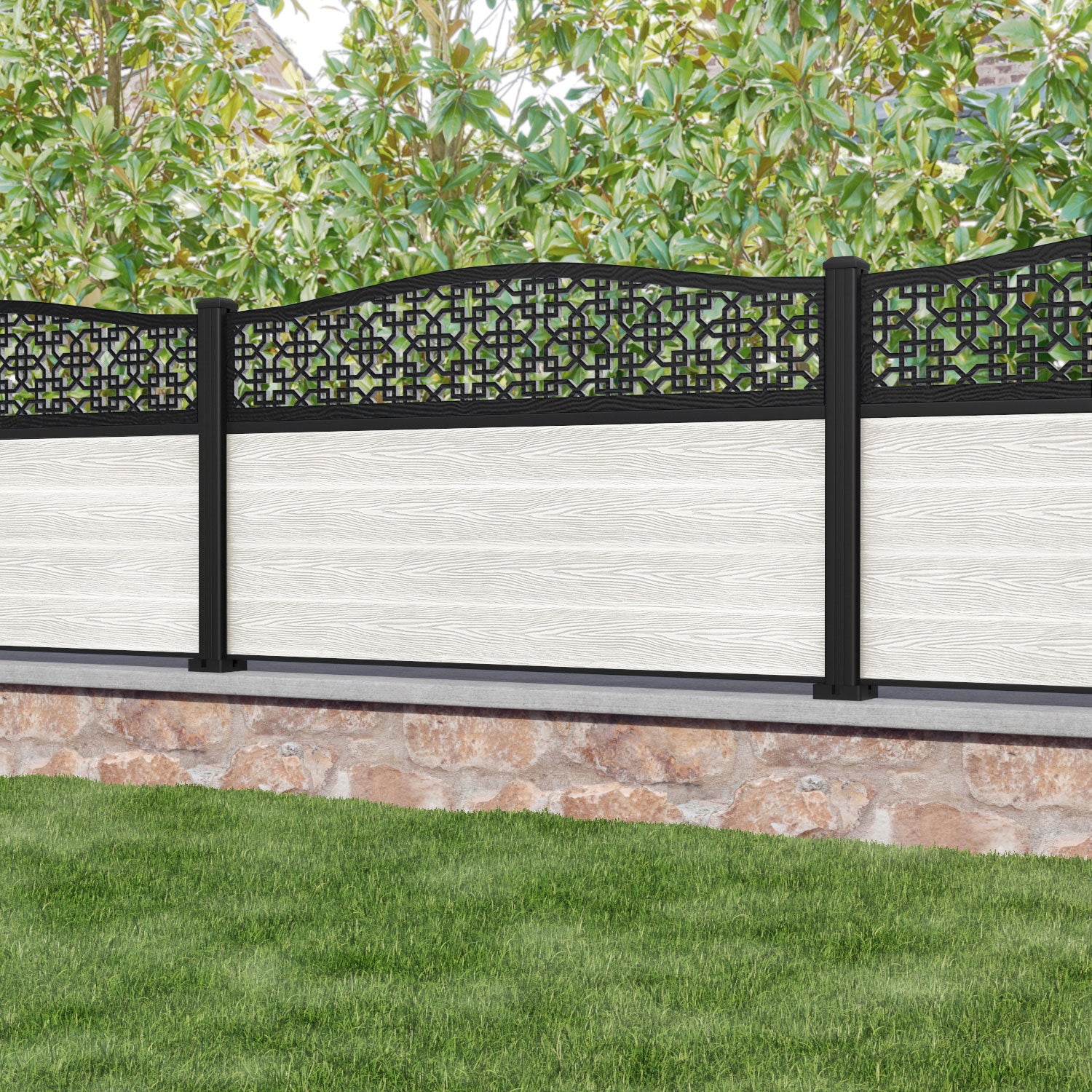 Classic Zaria Curved Top Fence Panel - Light Stone - with our aluminium posts