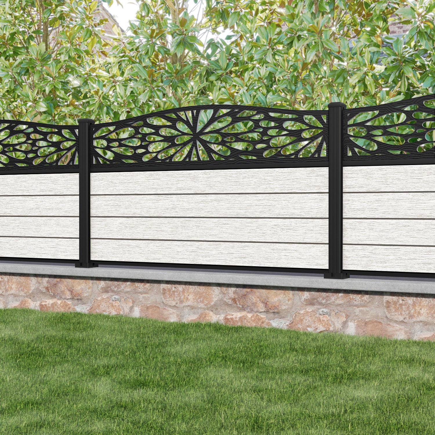 Fusion Blossom Curved Top Fence Panel - Light Stone - with our aluminium posts