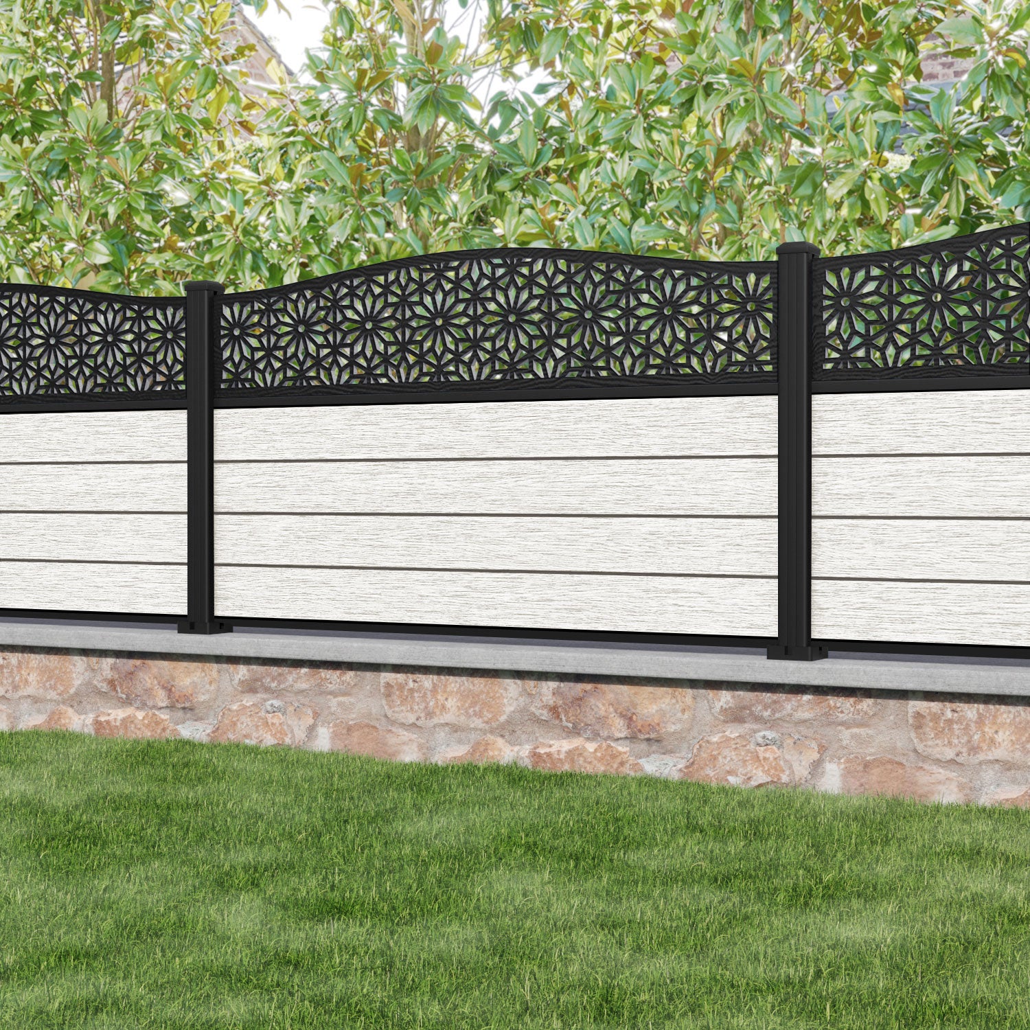 Fusion Narwa Curved Top Fence Panel - Light Stone - with our aluminium posts