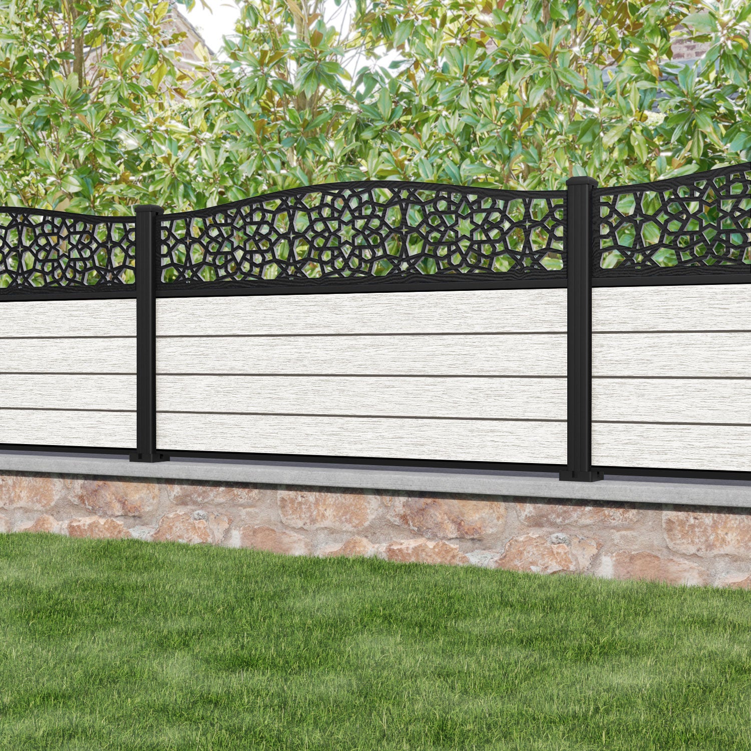 Fusion Nazira Curved Top Fence Panel - Light Stone - with our aluminium posts