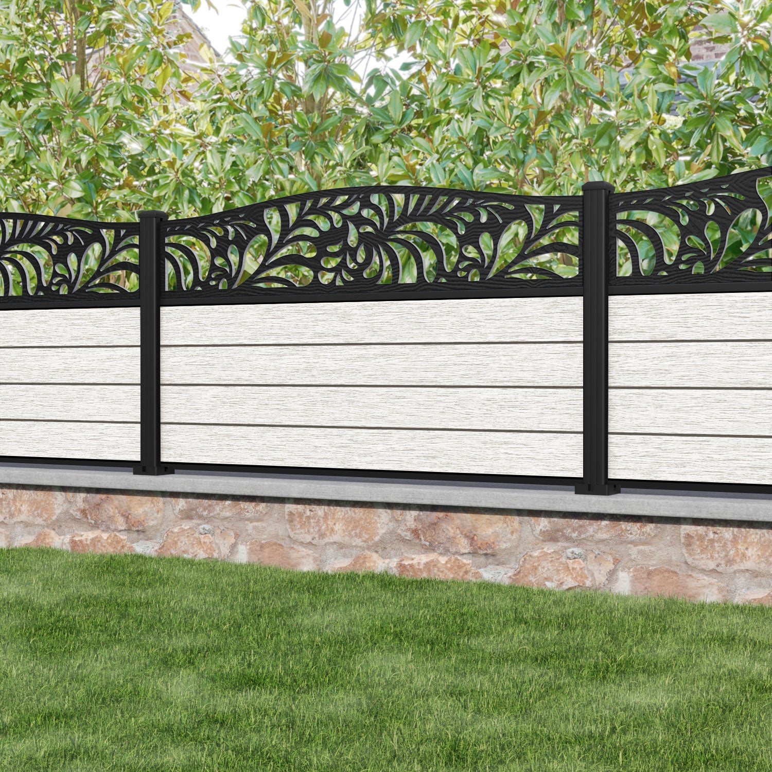 Fusion Petal Curved Top Fence Panel - Light Stone - with our aluminium posts