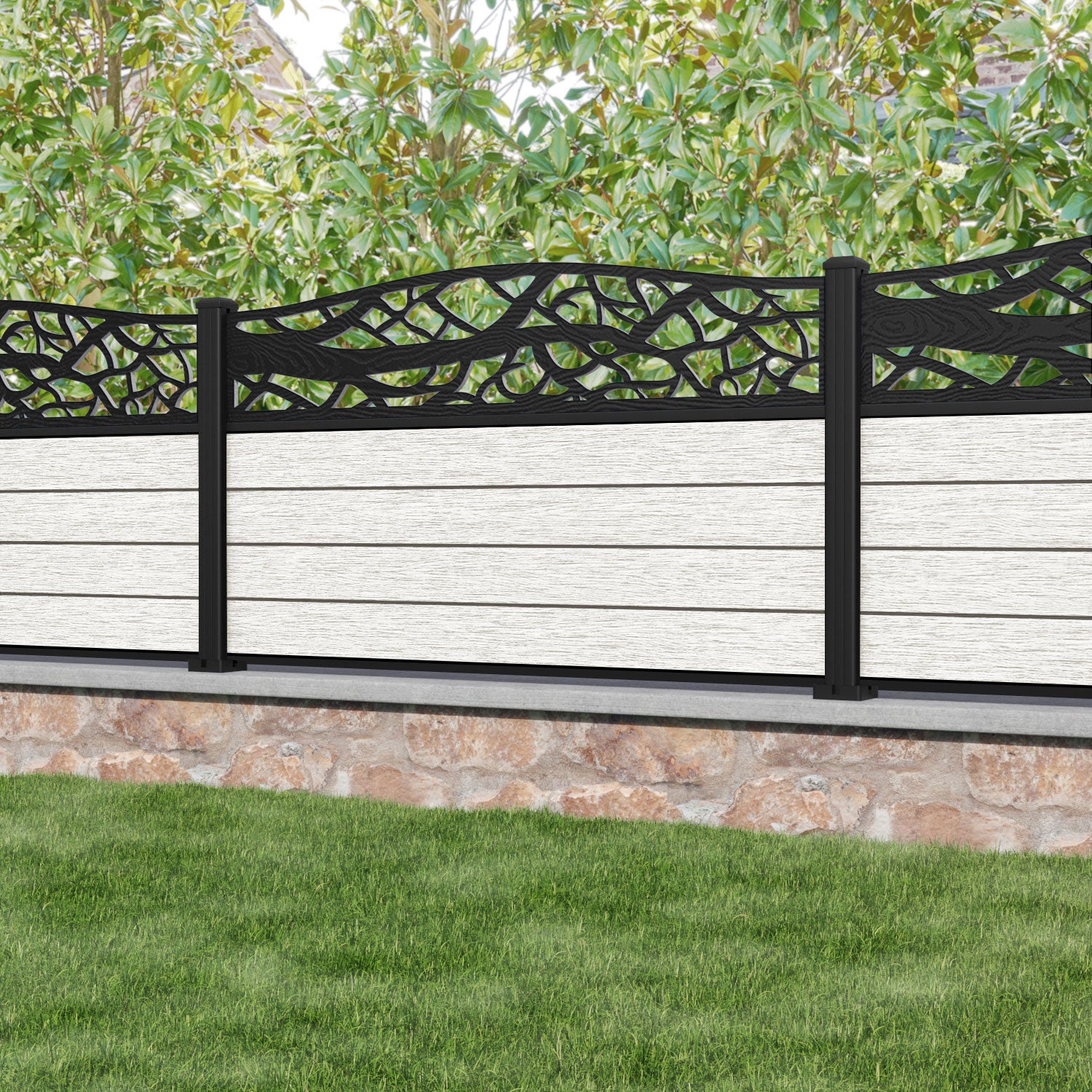 Fusion Twilight Curved Top Fence Panel - Light Stone - with our aluminium posts