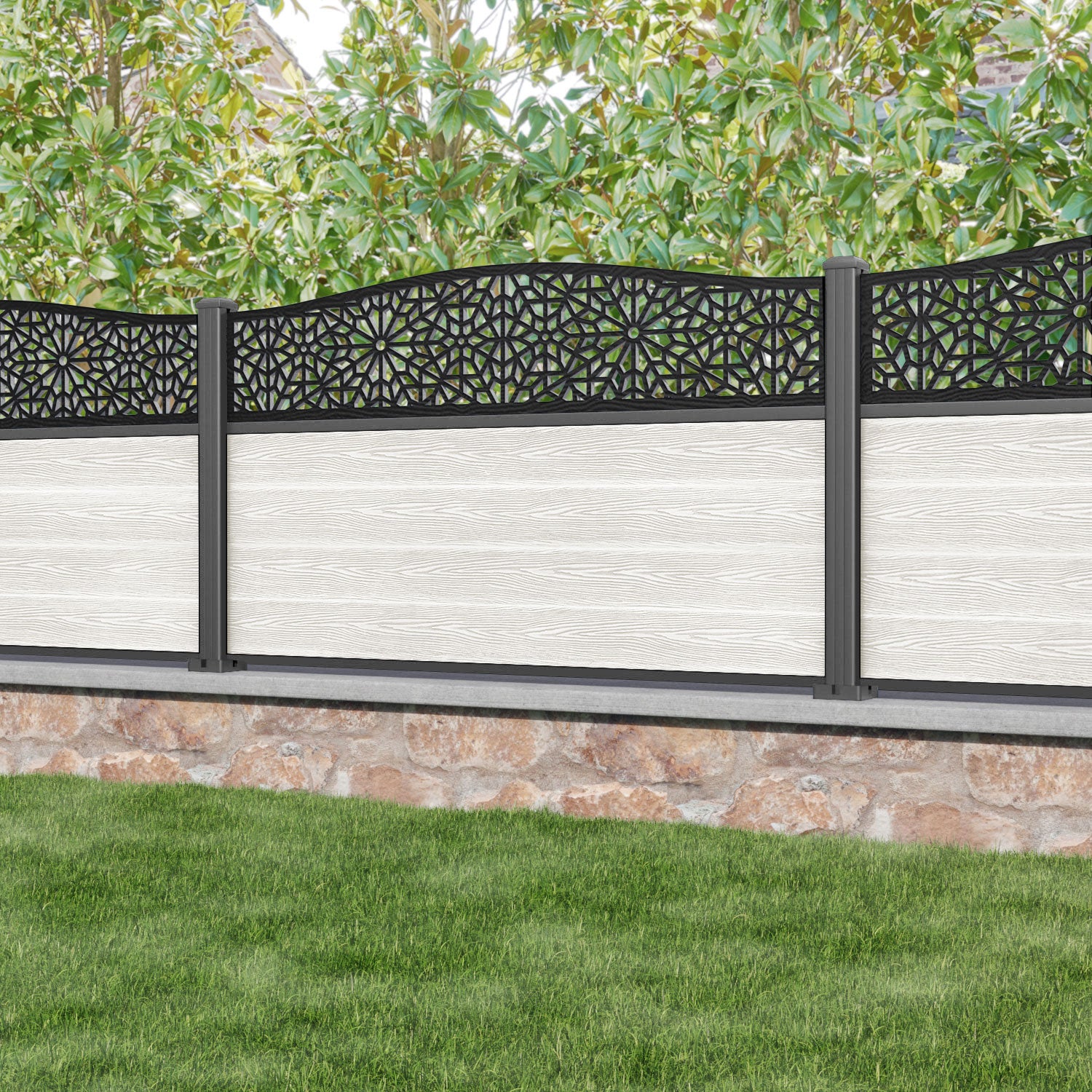 Classic Alnara Curved Top Fence Panel - Light Stone - with our aluminium posts