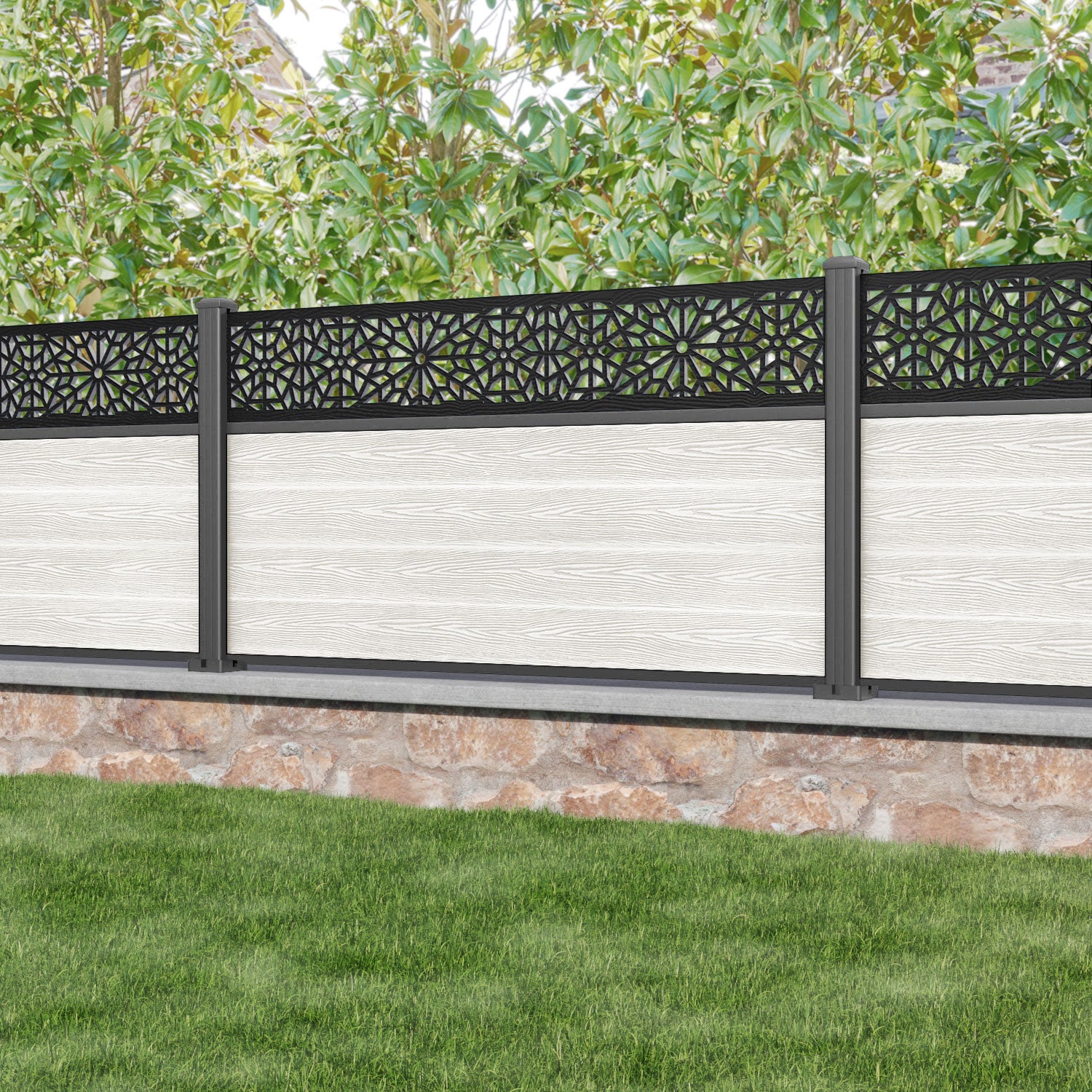 Classic Alnara Fence Panel - Light Stone - with our aluminium posts