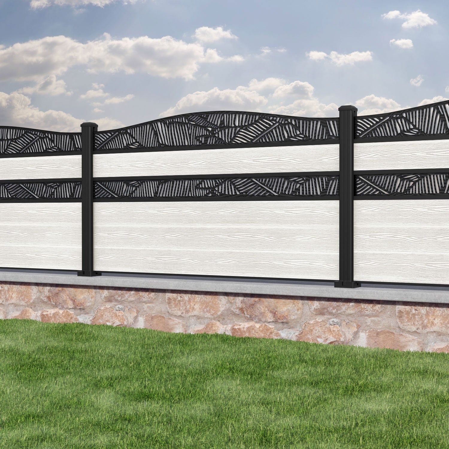 Classic Feather Curved Top Split Screen Fence Panel - Light Stone - with our aluminium posts