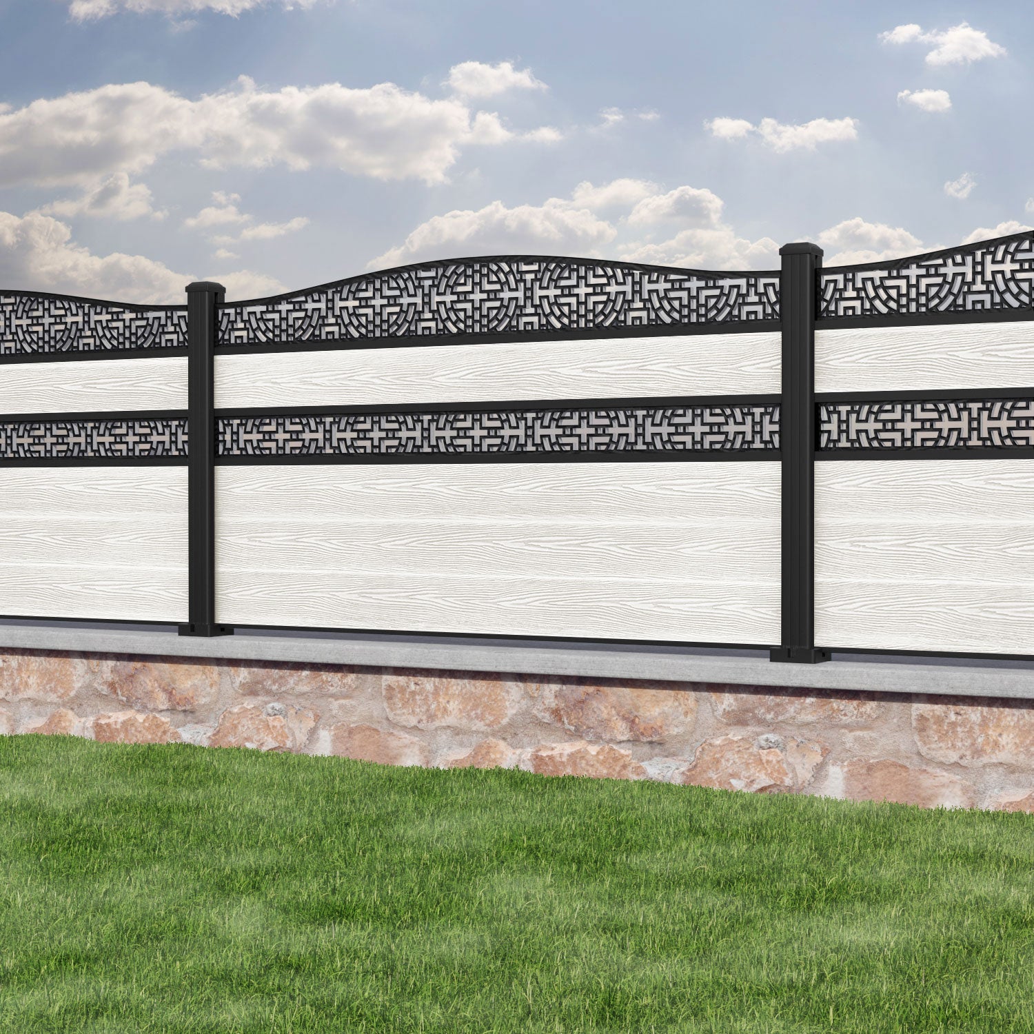 Classic Kumo Curved Top Split Screen Fence Panel - Light Stone - with our aluminium posts