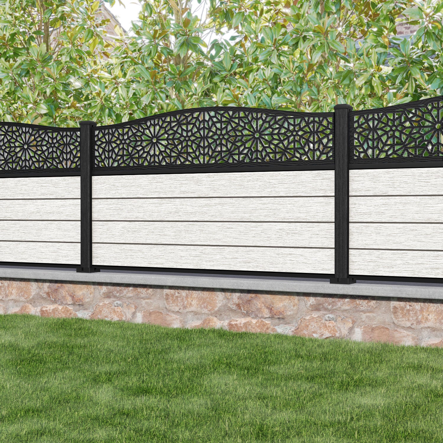 Fusion Alnara Curved Top Fence Panel - Light Stone - with our composite posts