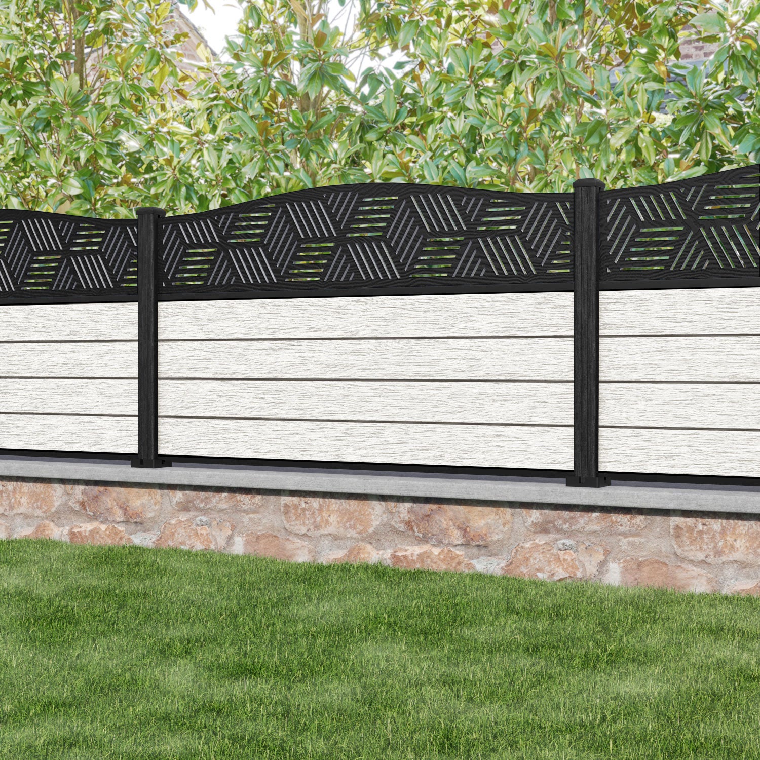 Fusion Cubed Curved Top Fence Panel - Light Stone - with our composite posts