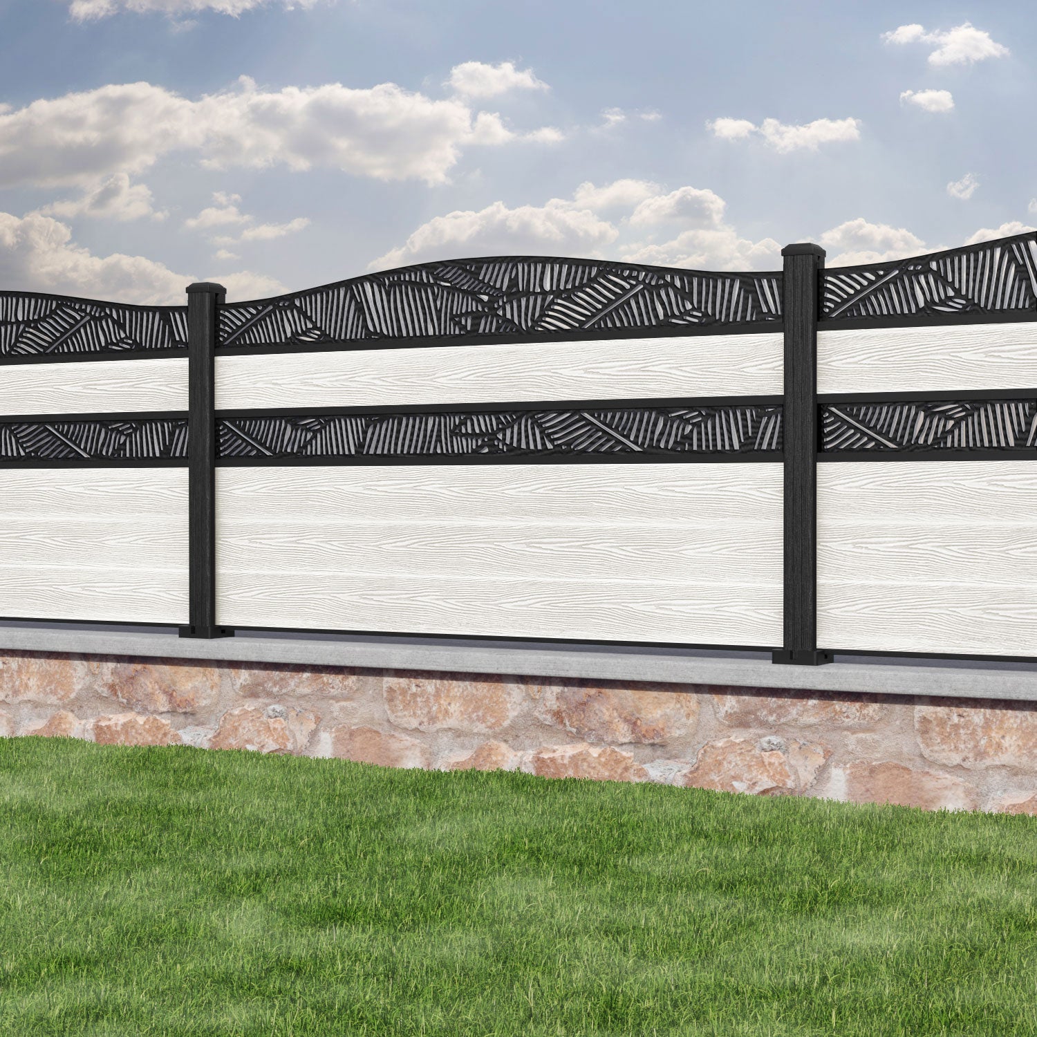 Classic Feather Curved Top Split Screen Fence Panel - Light Stone - with our composite posts