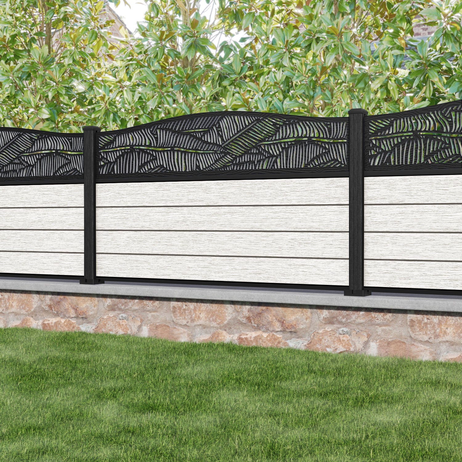 Fusion Feather Curved Top Fence Panel - Light Stone - with our composite posts