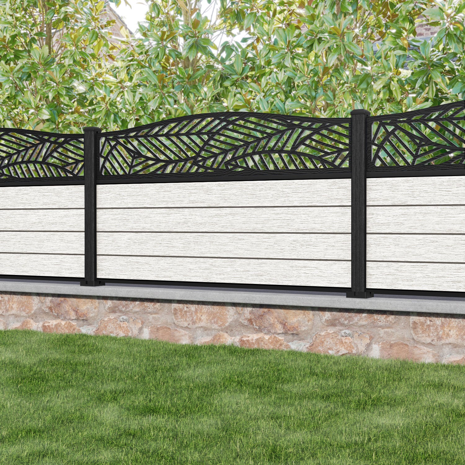 Fusion Habitat Curved Top Fence Panel - Light Stone - with our composite posts