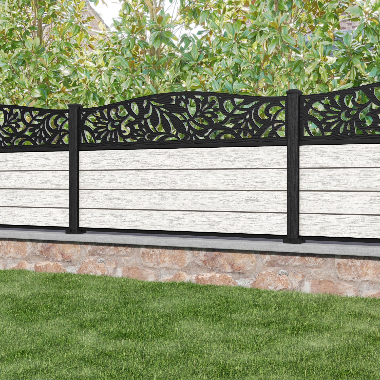 Fusion Heritage Curved Top Fence Panel - Light Stone - with our composite posts