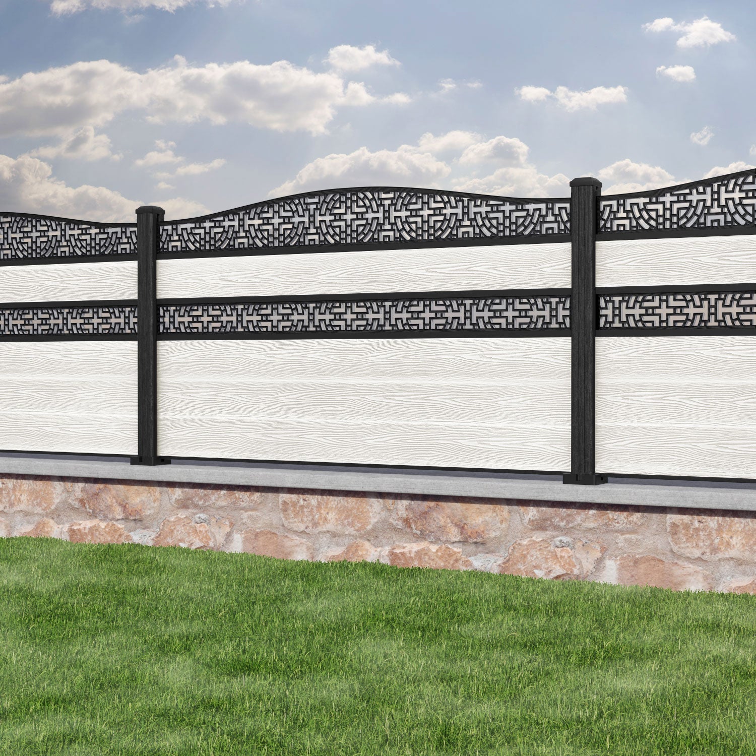 Classic Kumo Curved Top Split Screen Fence Panel - Light Stone - with our composite posts