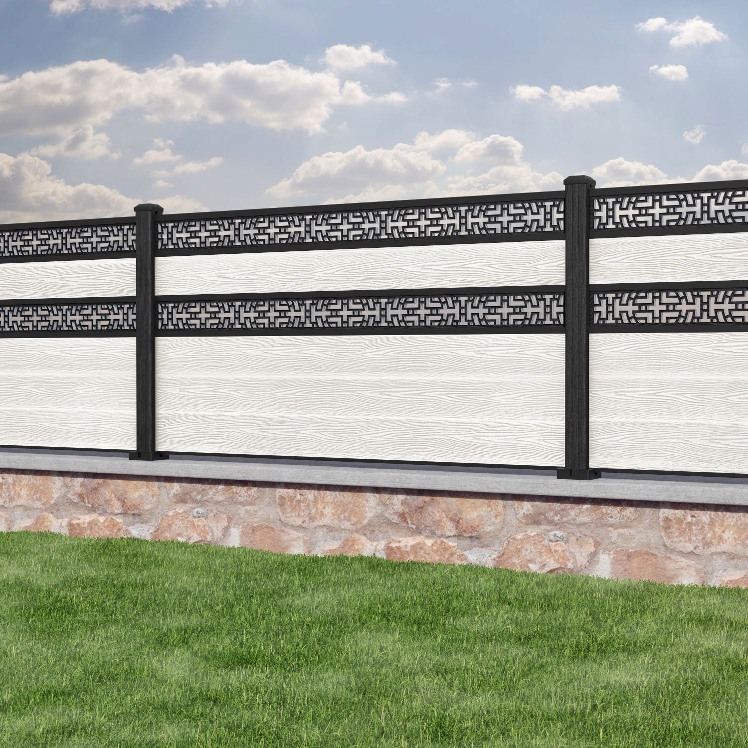 Classic Kumo Split Screen Fence Panel - Light Stone - with our composite posts