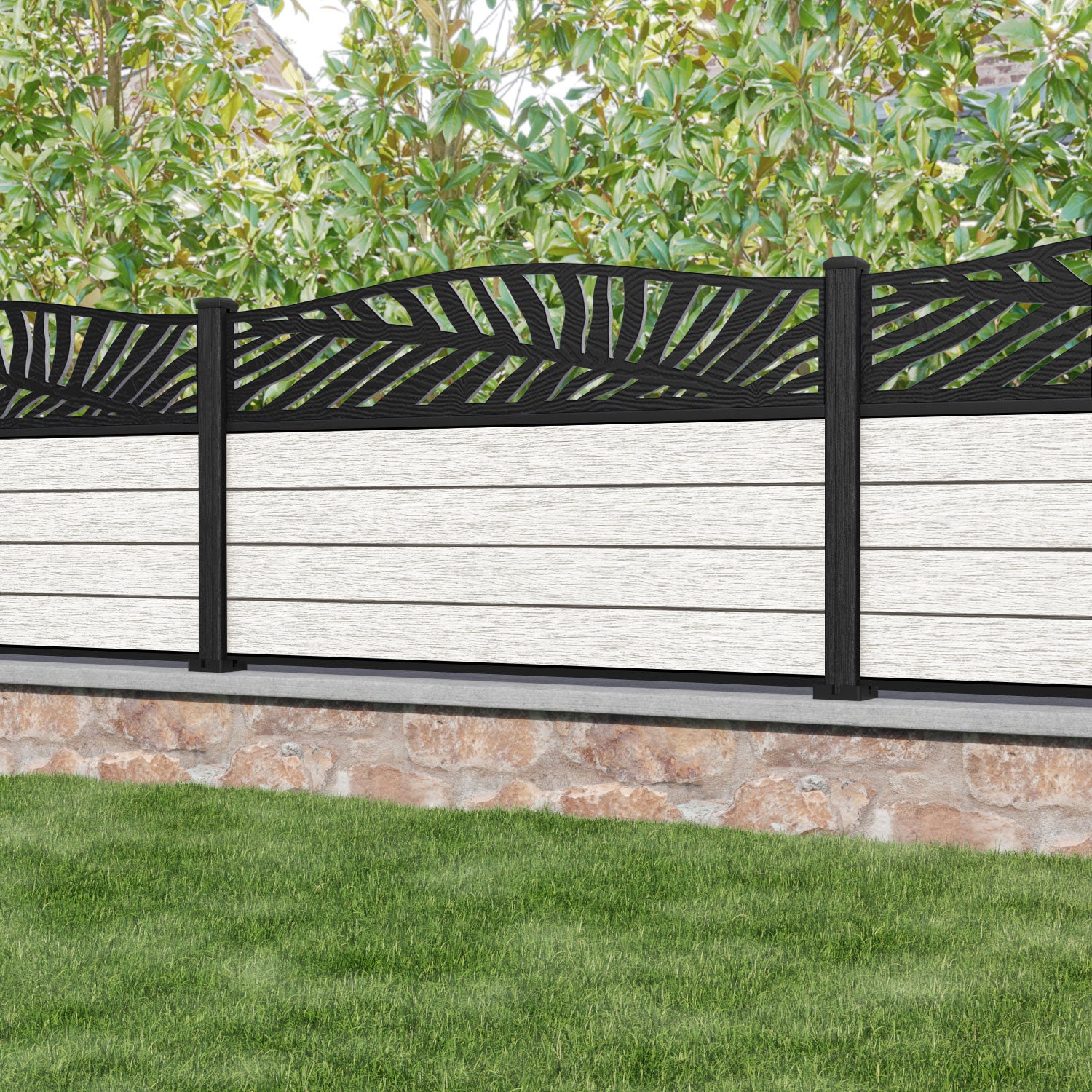 Fusion Palm Curved Top Fence Panel - Light Stone - with our composite posts