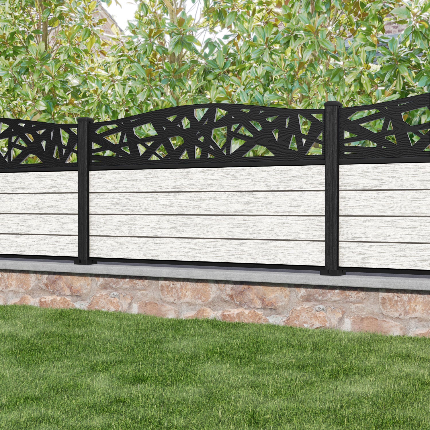 Fusion Prism Curved Top Fence Panel - Light Stone - with our composite posts
