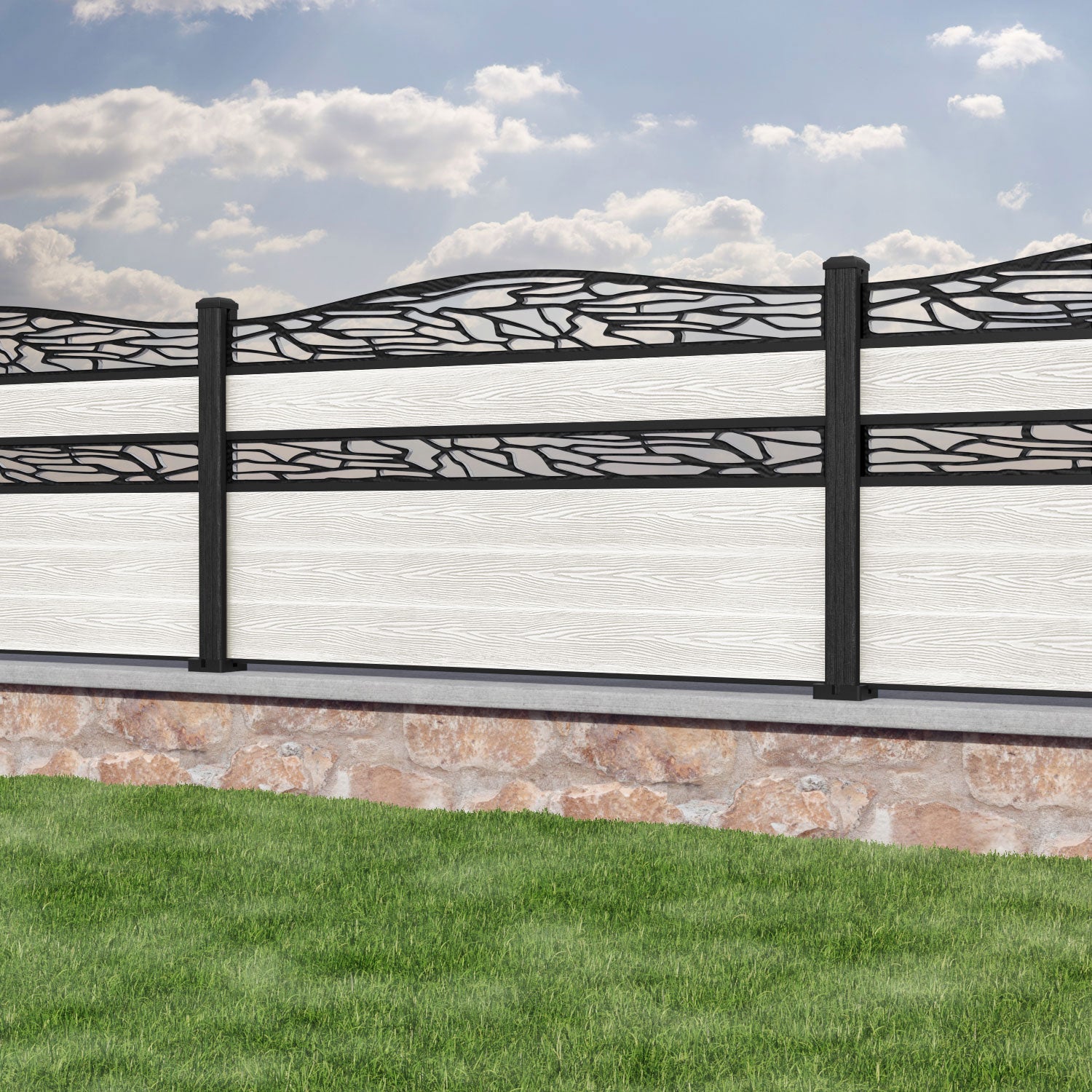 Classic Shatter Curved Top Split Screen Fence Panel - Light Stone - with our composite posts