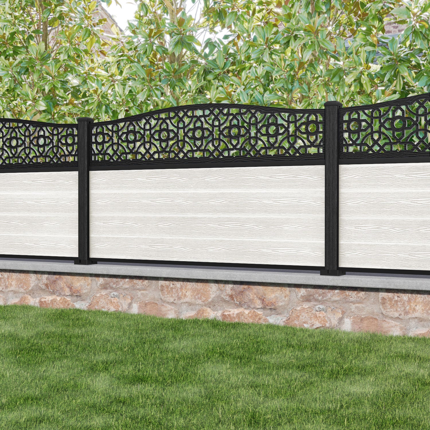 Classic Nabila Curved Top Fence Panel - Light Stone - with our composite posts