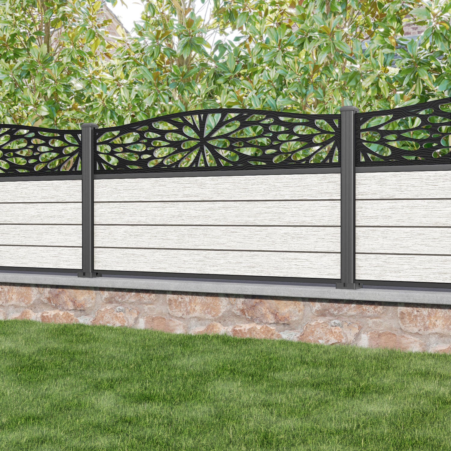Fusion Blossom Curved Top Fence Panel - Light Stone - with our aluminium posts