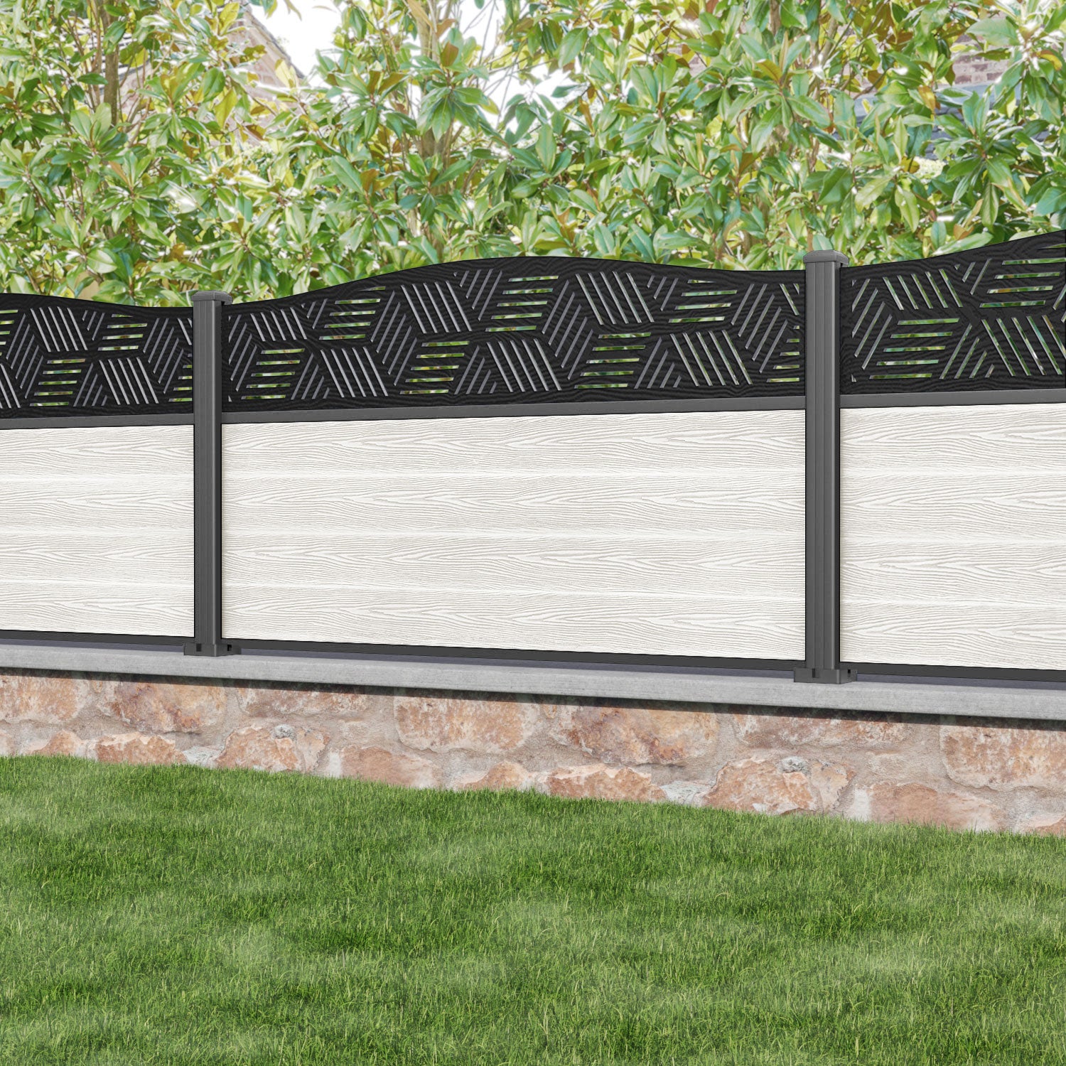 Classic Cubed Curved Top Fence Panel - Light Stone - with our aluminium posts