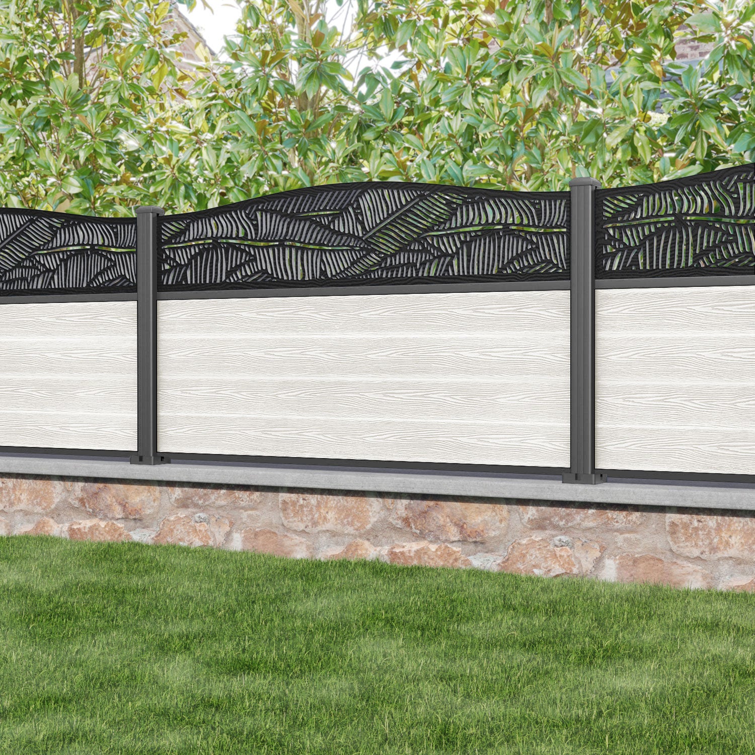 Classic Feather Curved Top Fence Panel - Light Stone - with our aluminium posts