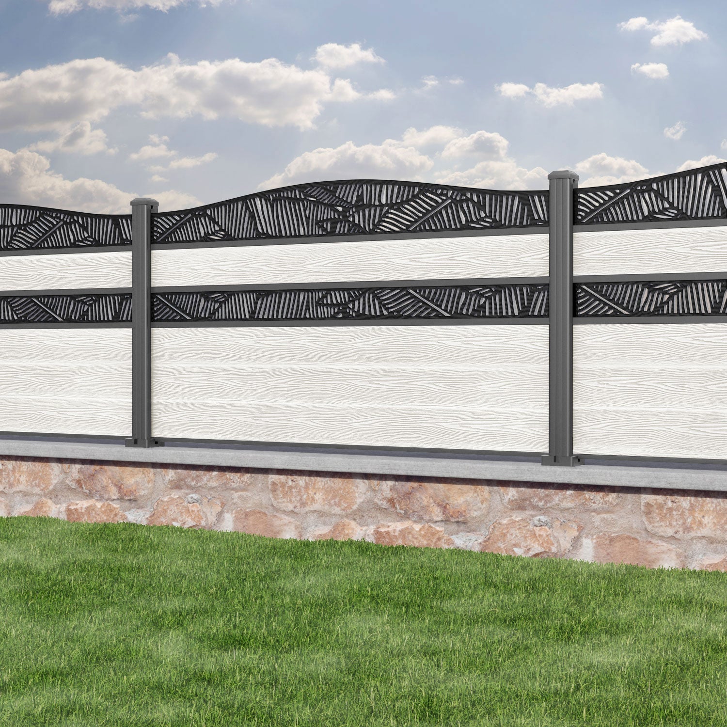 Classic Feather Curved Top Split Screen Fence Panel - Light Stone - with our aluminium posts