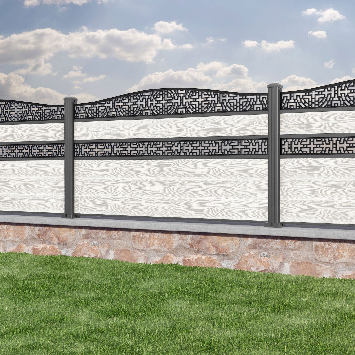 Classic Kumo Curved Top Split Screen Fence Panel - Light Stone - with our aluminium posts