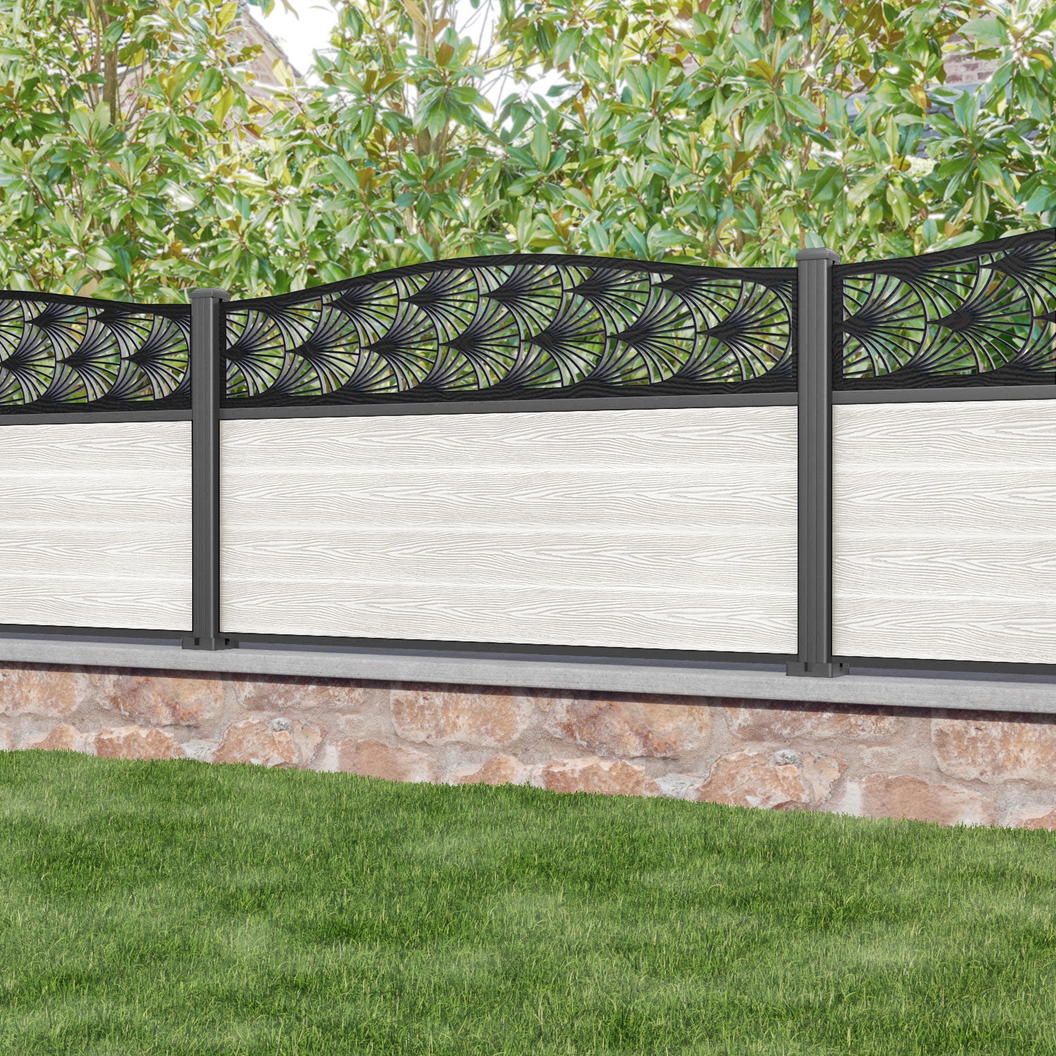 Classic Laurel Curved Top Fence Panel - Light Stone - with our aluminium posts