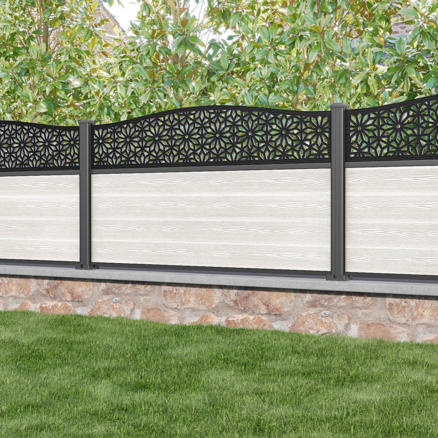 Classic Narwa Curved Top Fence Panel - Light Stone - with our aluminium posts