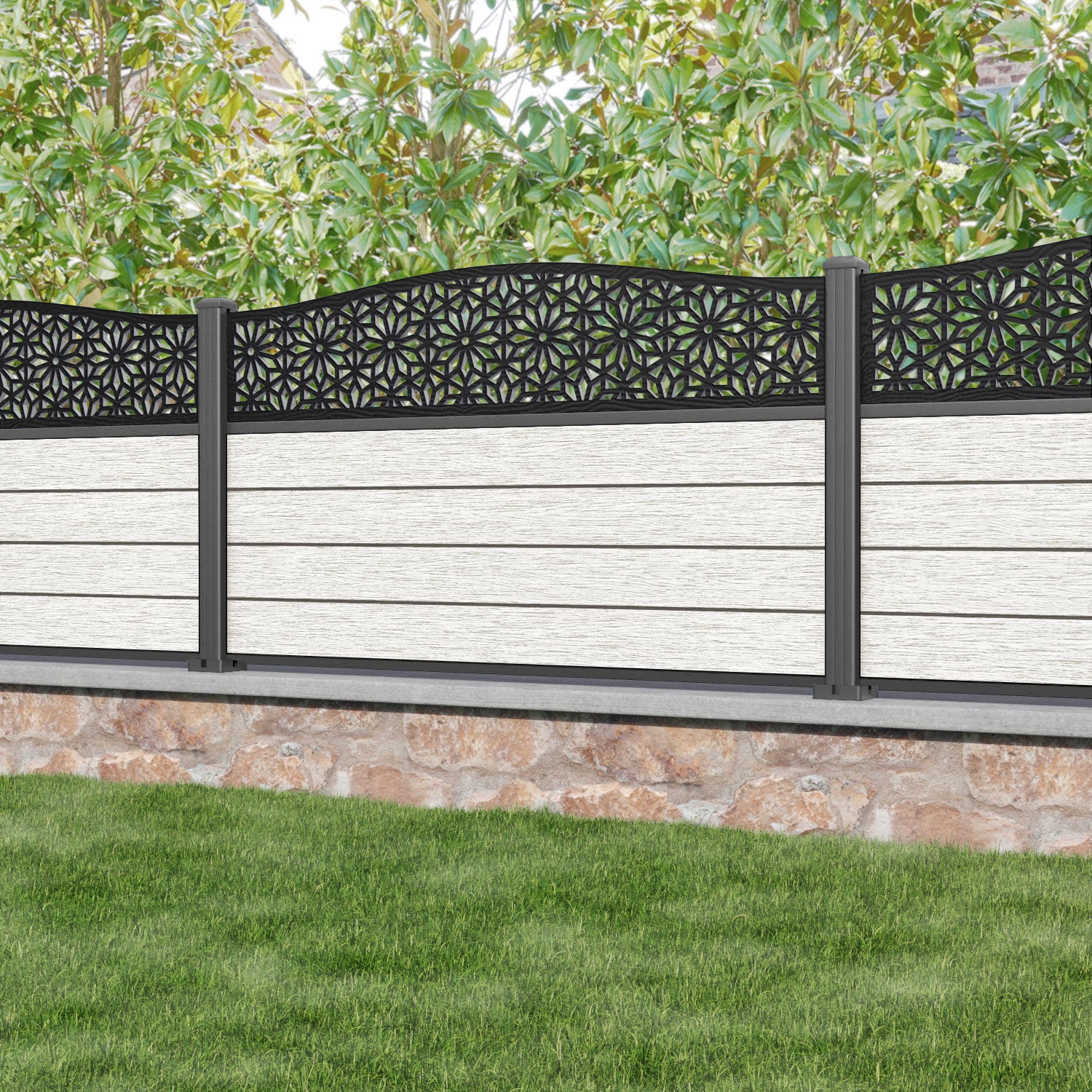 Fusion Narwa Curved Top Fence Panel - Light Stone - with our aluminium posts