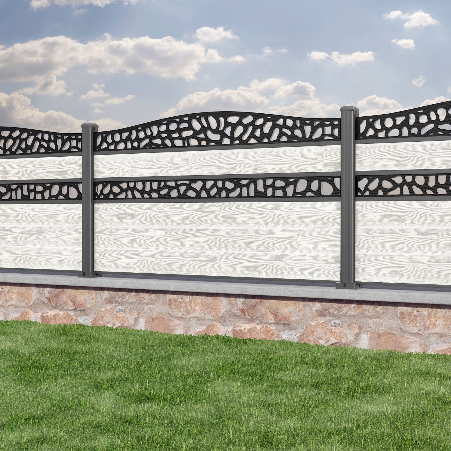 Classic Pebble Curved Top Split Screen Fence Panel - Light Stone - with our aluminium posts