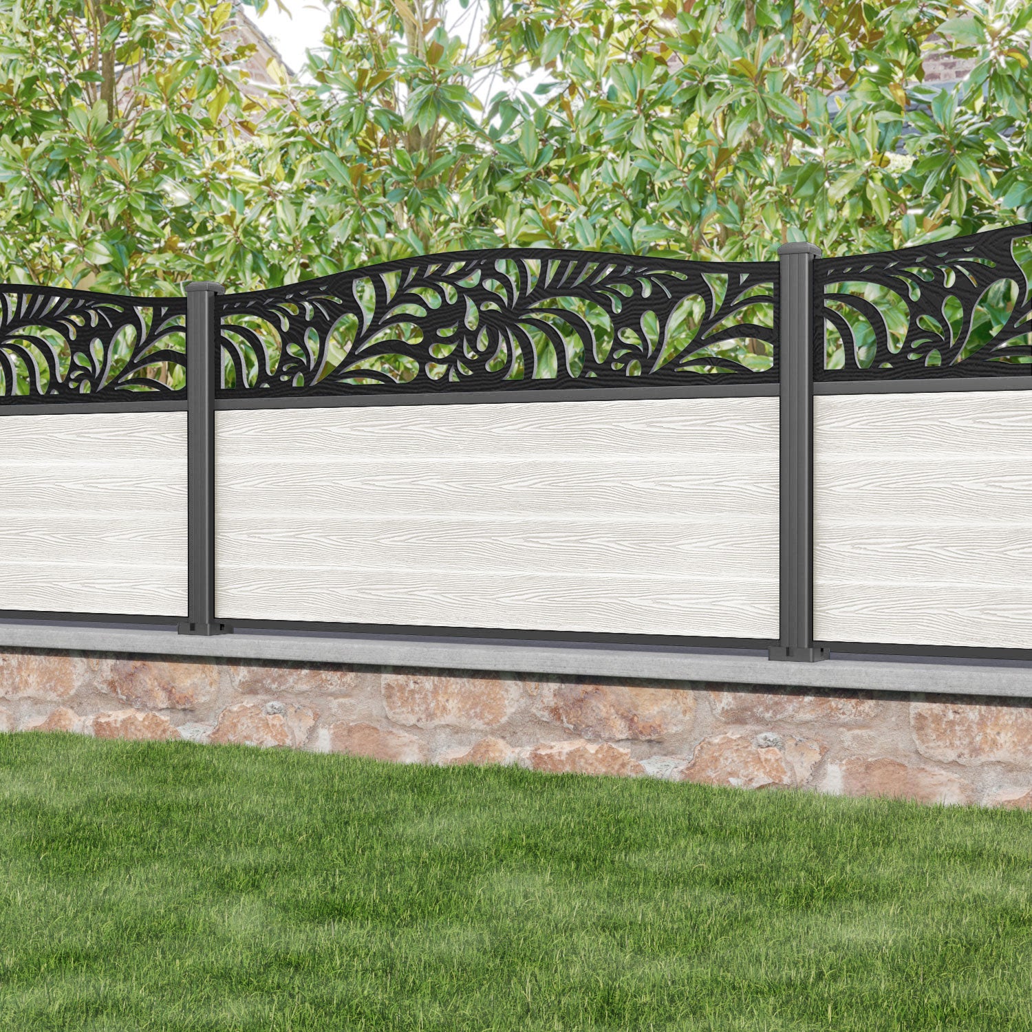 Classic Petal Curved Top Fence Panel - Light Stone - with our aluminium posts