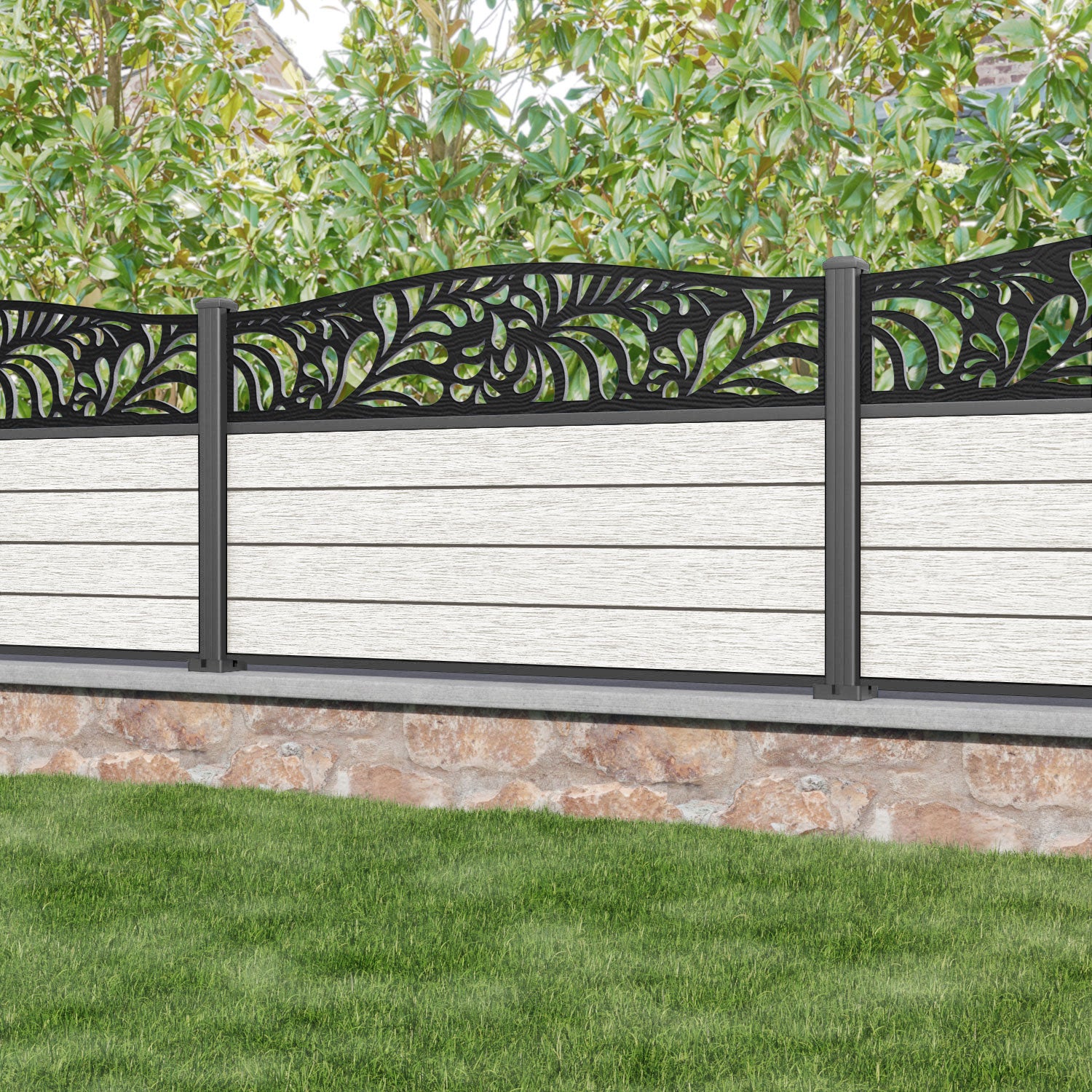 Fusion Petal Curved Top Fence Panel - Light Stone - with our aluminium posts