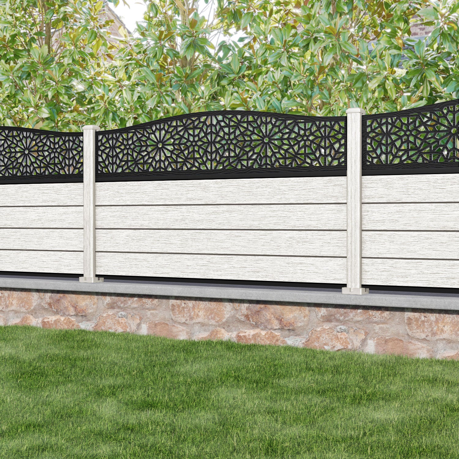 Fusion Alnara Curved Top Fence Panel - Light Stone - with our composite posts