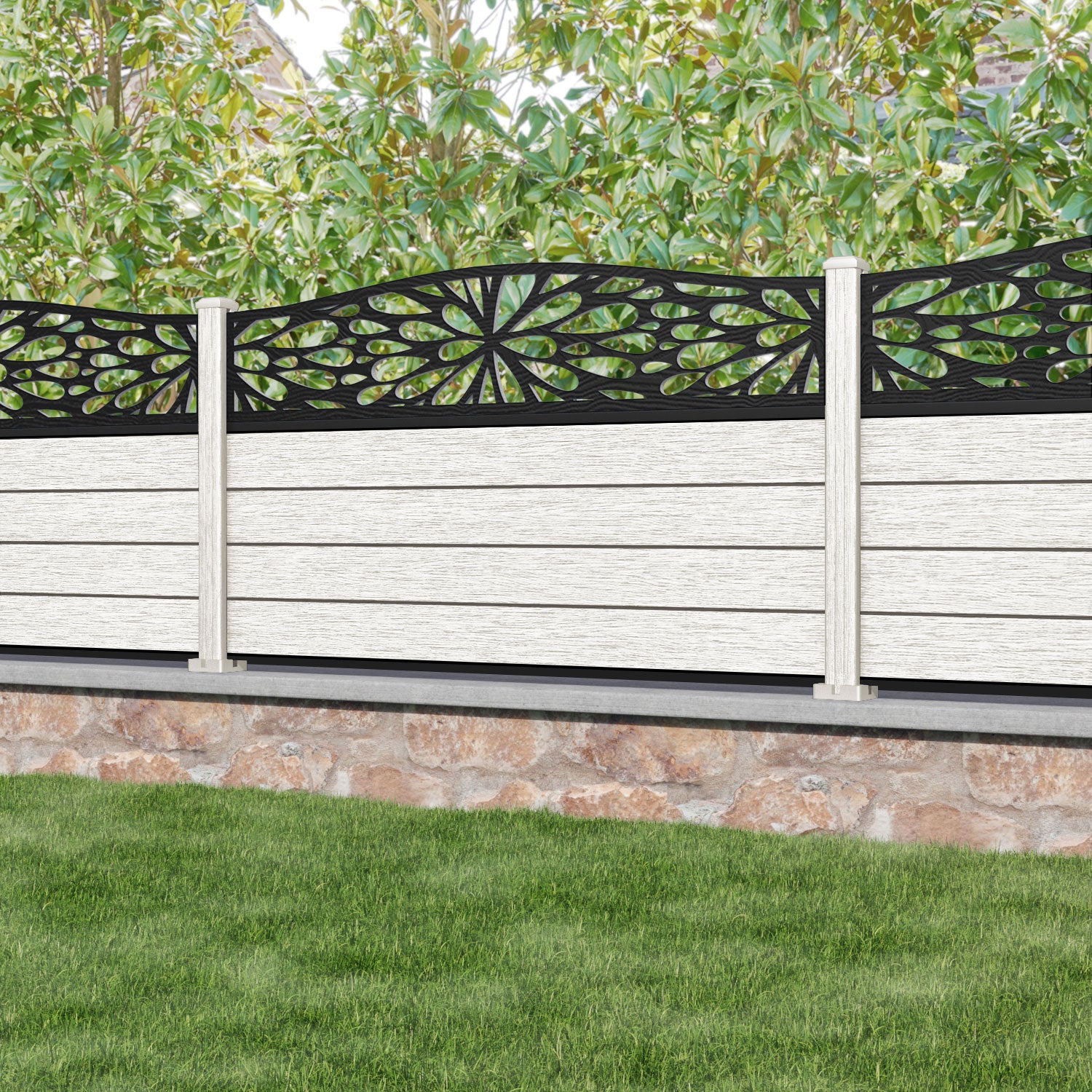 Fusion Blossom Curved Top Fence Panel - Light Stone - with our composite posts