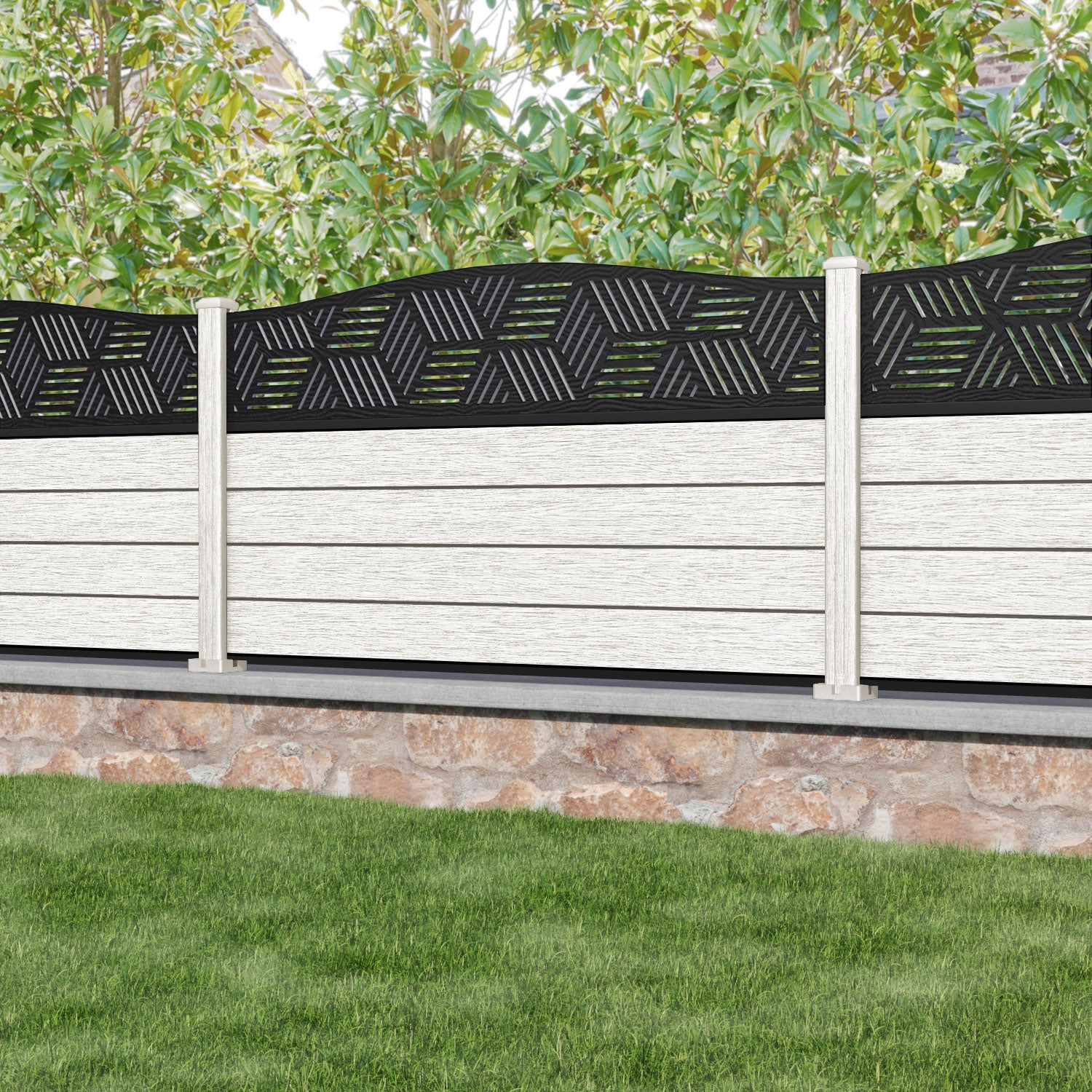 Fusion Cubed Curved Top Fence Panel - Light Stone - with our composite posts