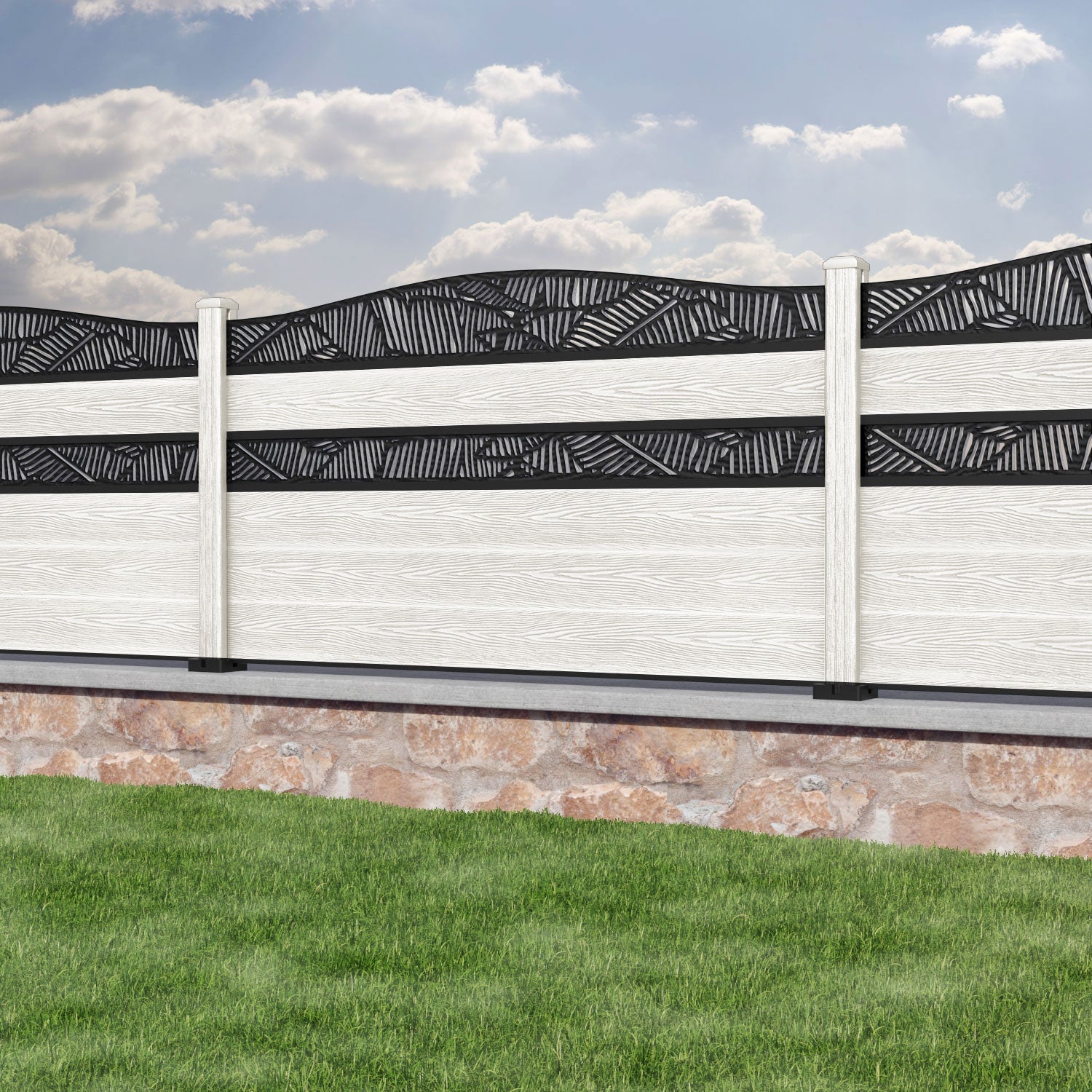 Classic Feather Curved Top Split Screen Fence Panel - Light Stone - with our composite posts