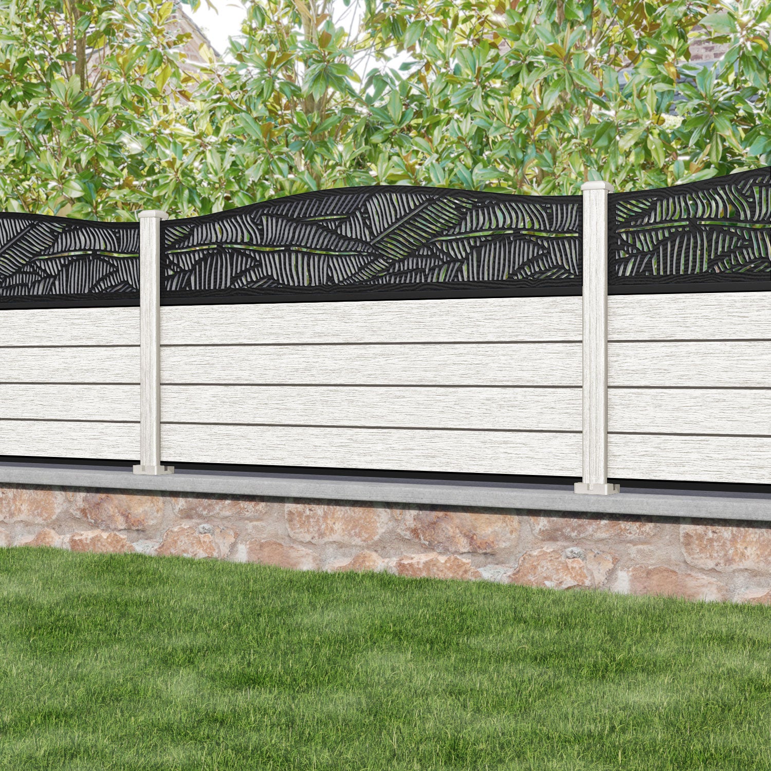 Fusion Feather Curved Top Fence Panel - Light Stone - with our composite posts