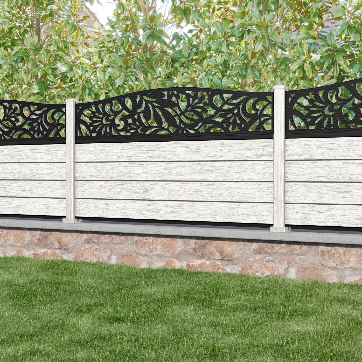 Fusion Heritage Curved Top Fence Panel - Light Stone - with our composite posts